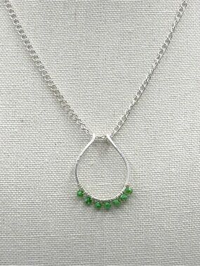 Hand Crafted Silver Ring Holder Teardrop Necklace with Green Beads